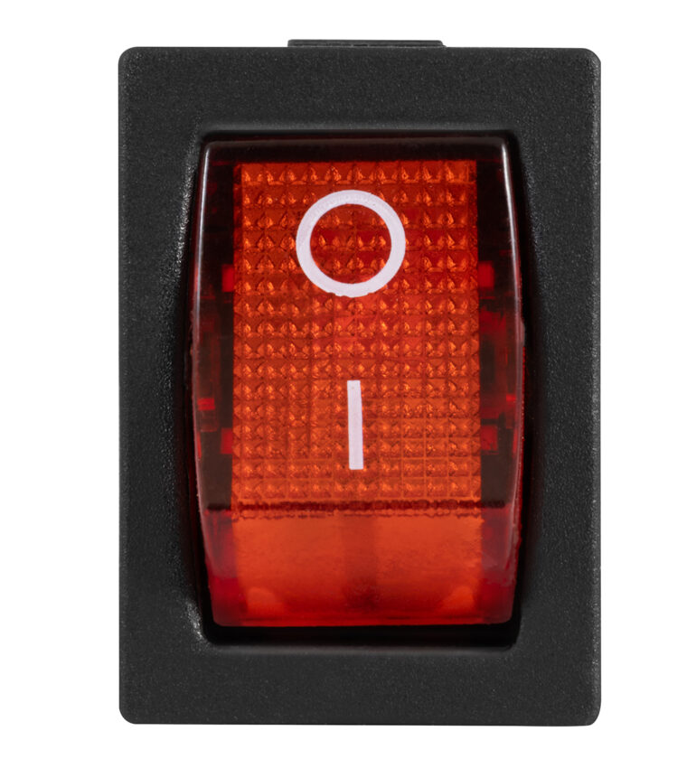 CHAVE COMUTADORA ON OFF 2 POLOS QUADRADA (KCD1-101) - ON/OFF, COM LED, VERMELHA, 10/12Vdc - 6A/24Vdc