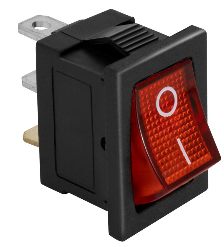 CHAVE COMUTADORA ON OFF 2 POLOS QUADRADA (KCD1-101) - ON/OFF, COM LED, VERMELHA, 10/12Vdc - 6A/24Vdc