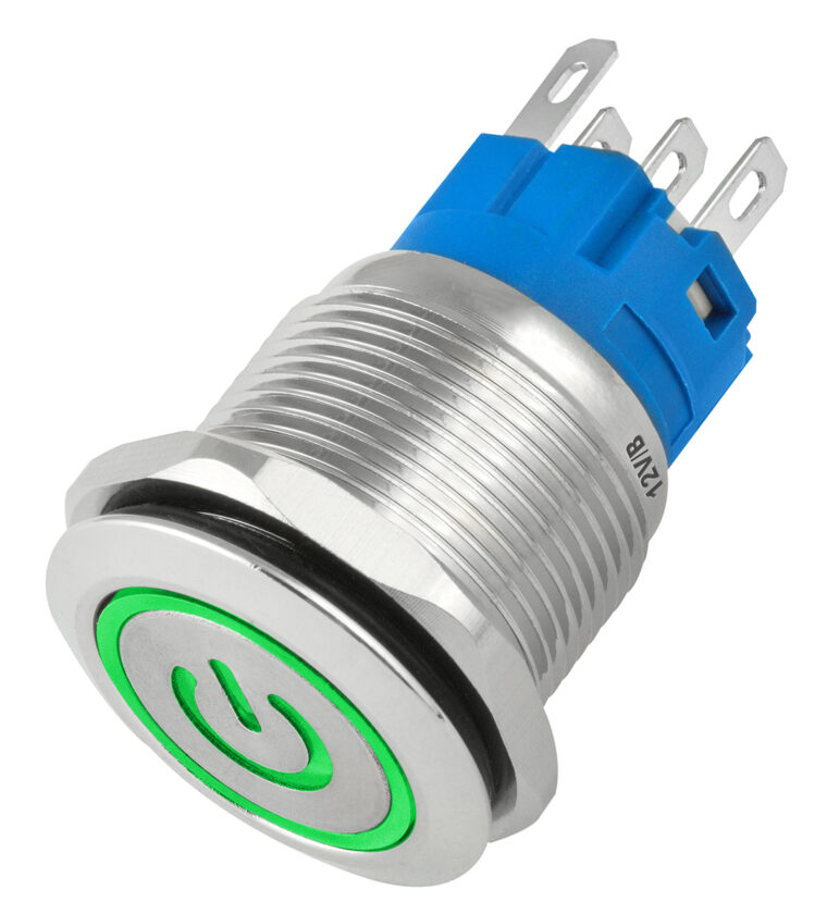 CHAVE ANTI VANDALISMO LIGA/DESLIGA, 16MM PRATA, 220V - 3A, COM LED VERDE 12V