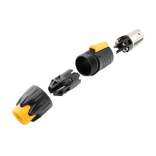 PLUG SPEAK-ON 4 POLOS METAL COM TRAVA, CORPO PRETO E TRAVA E BUCHA INTERNA EM AMARELO