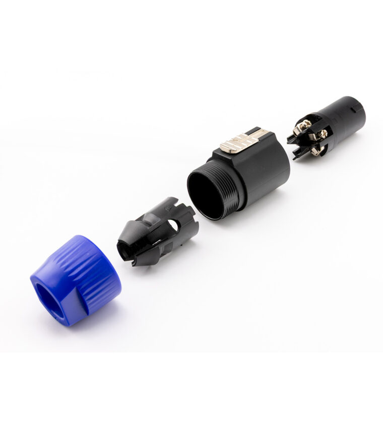 PLUG SPEAK-ON 4 POLOS COM TRAVA, CORPO PRETO E BUCHA EXTERNA EM AZUL