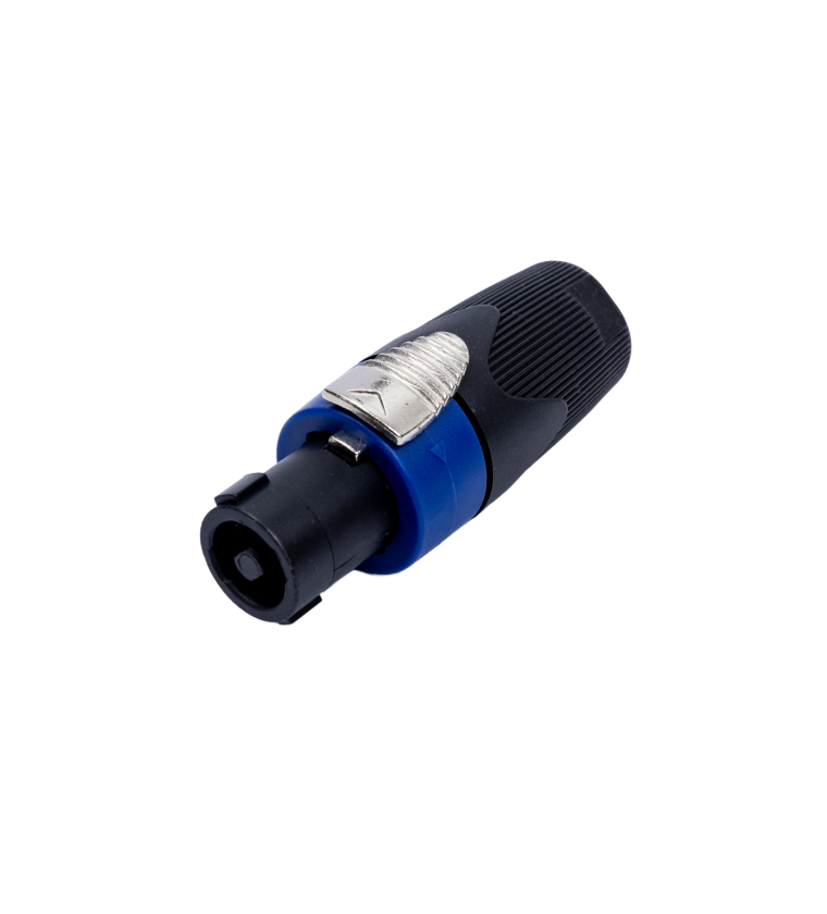 PLUG SPEAK-ON 4 POLOS COM TRAVA, CORPO AZUL E BUCHA EXTERNA EM CINZA