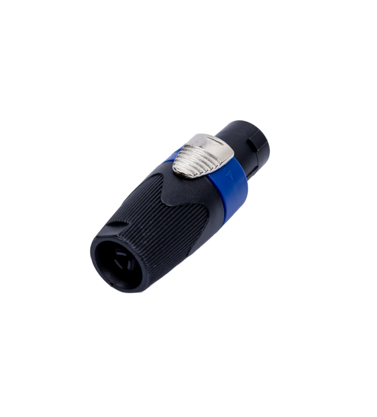 PLUG SPEAK-ON 4 POLOS COM TRAVA, CORPO AZUL E BUCHA EXTERNA EM CINZA